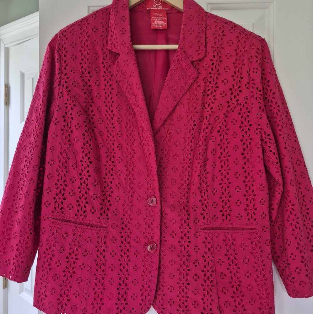Oscar de la Renta Pink Cotton Eyelet Blazer. 14P